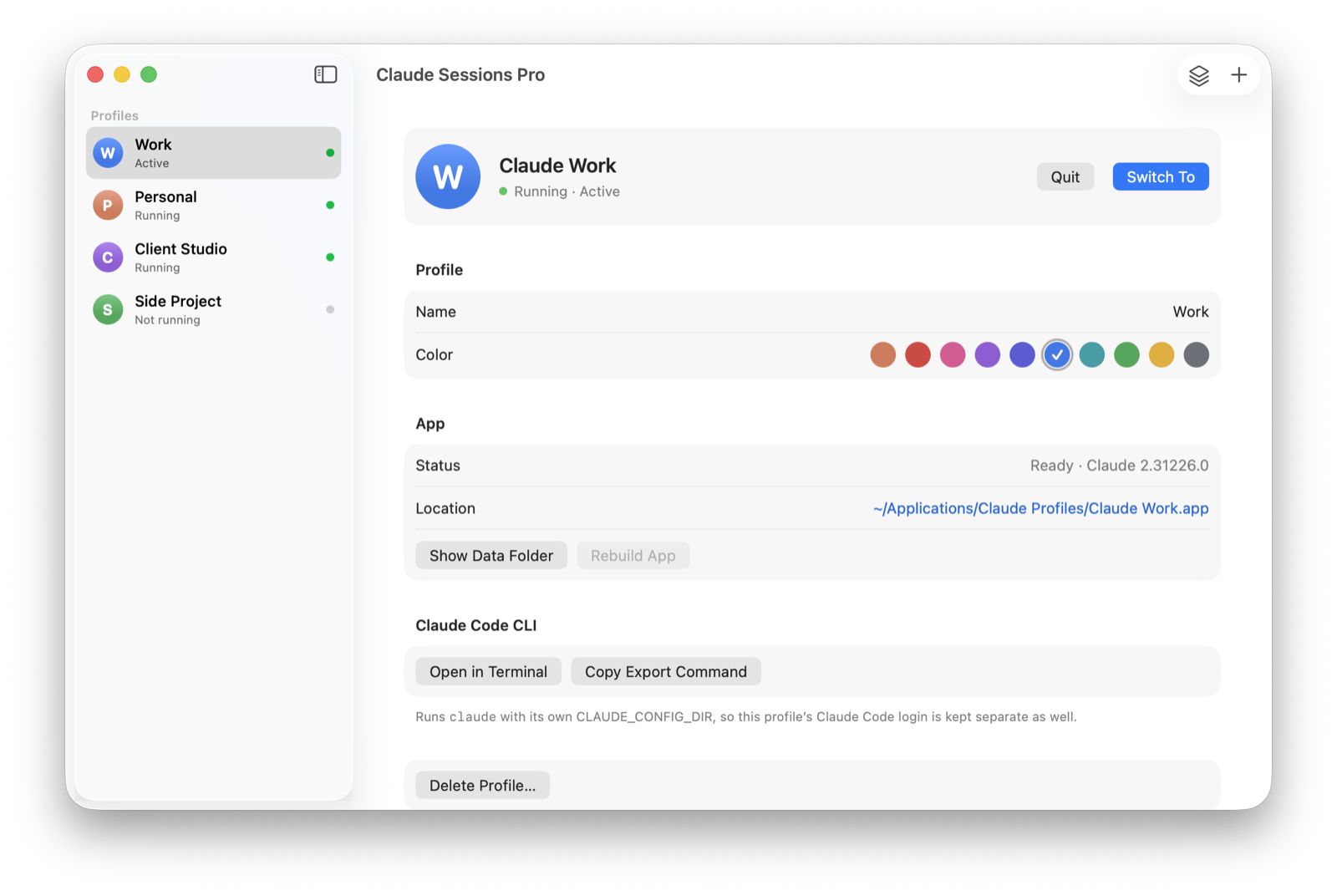 Claude Sessions Pro showing Work, Personal, Client Studio and Side Project profiles, three of them running