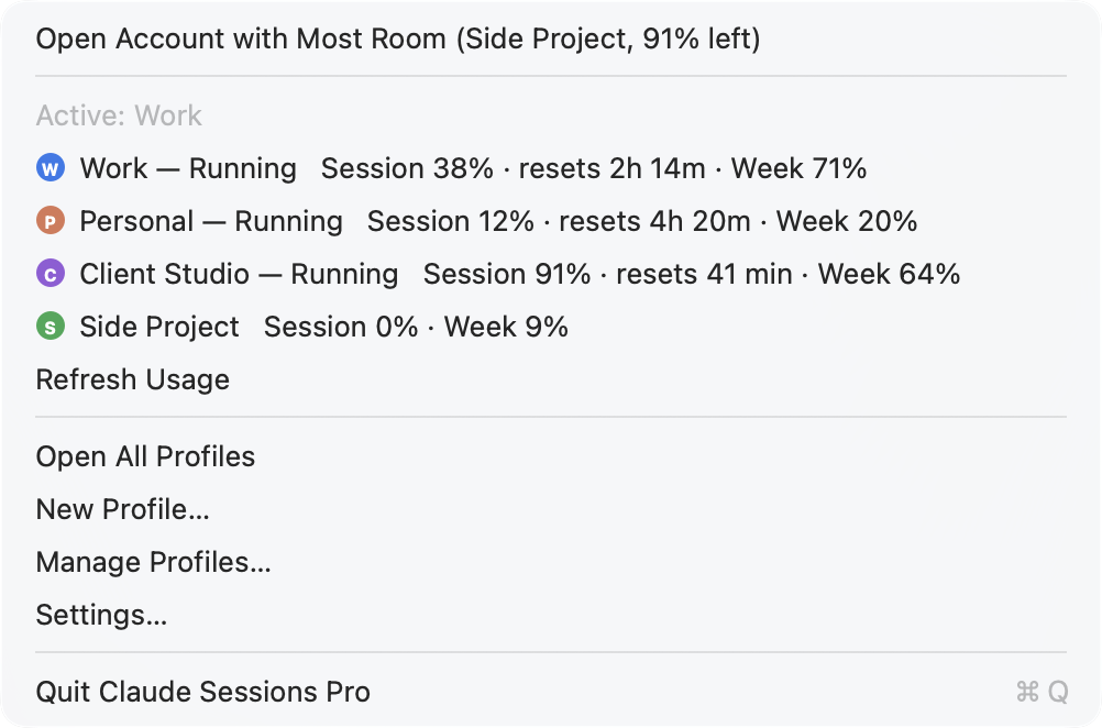 The Claude Sessions Pro menu bar menu showing session and weekly usage for the Work, Personal, Client Studio and Side Project accounts