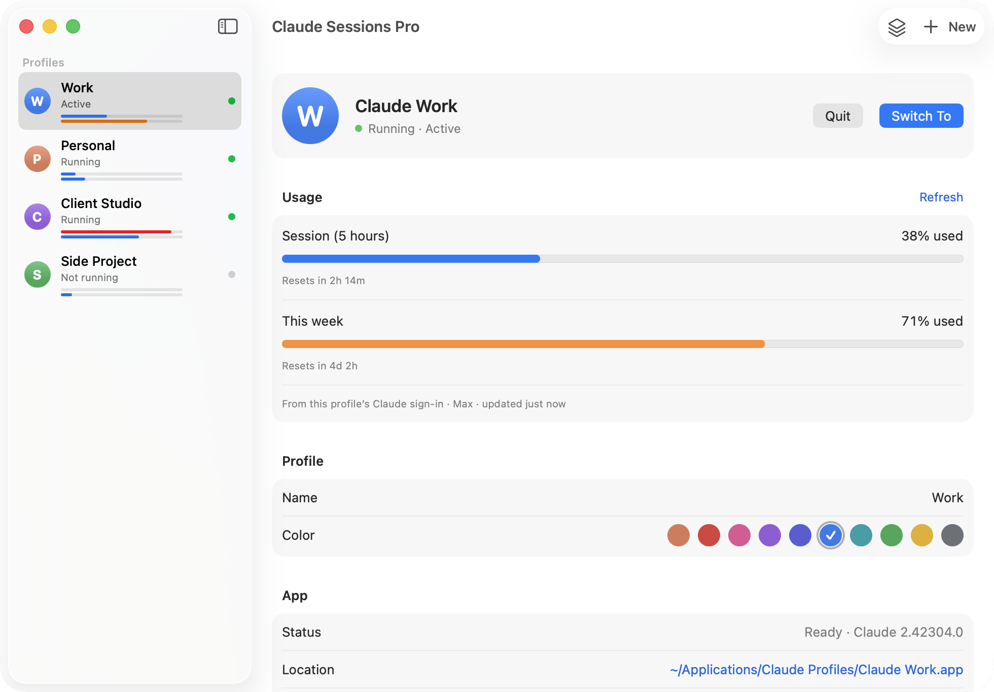 The Claude Sessions Pro window with usage bars for each profile and the Work profile's session and weekly usage