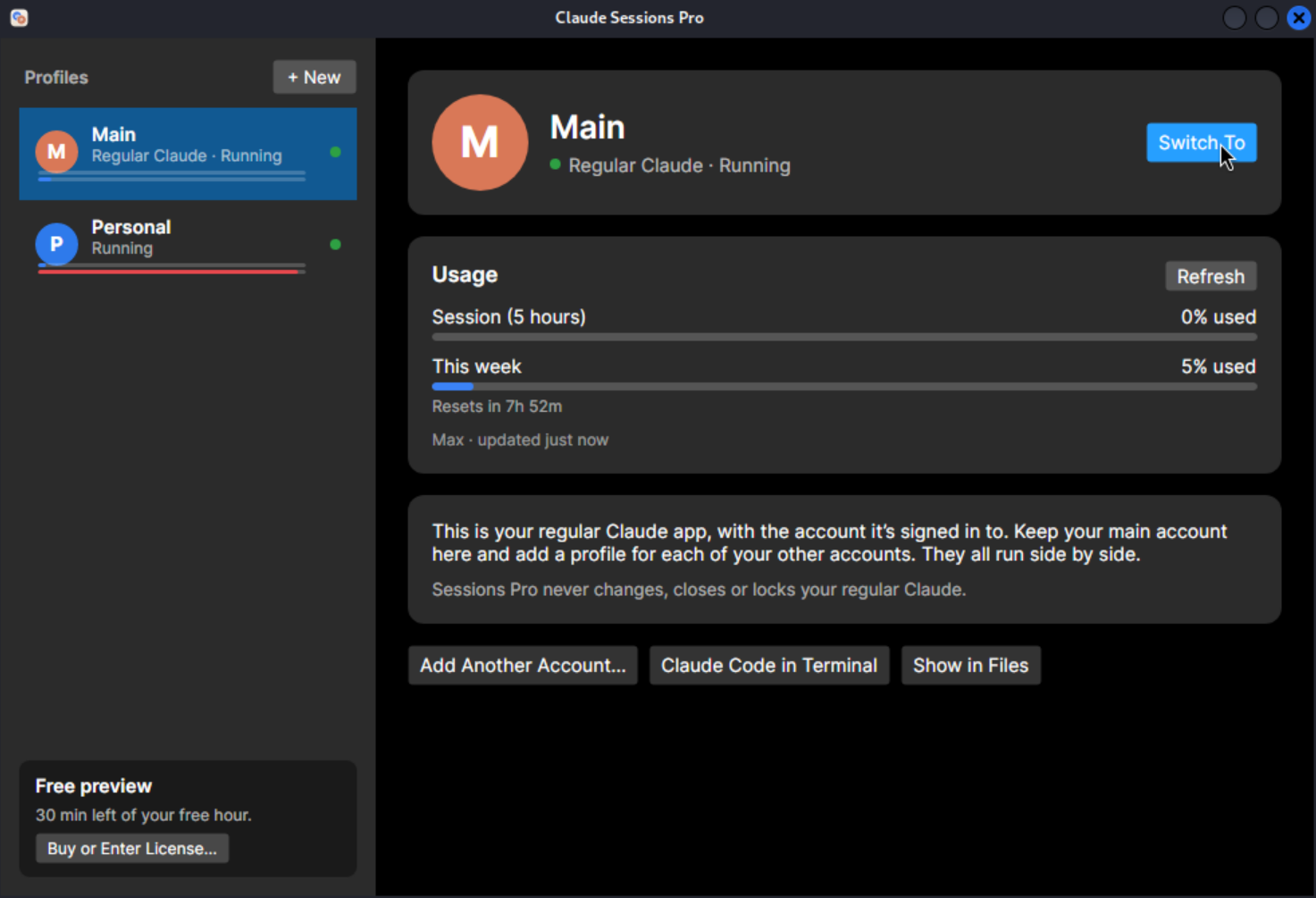 Claude Sessions Pro on Linux: Main (the regular Claude) and a Personal profile, with each account's usage