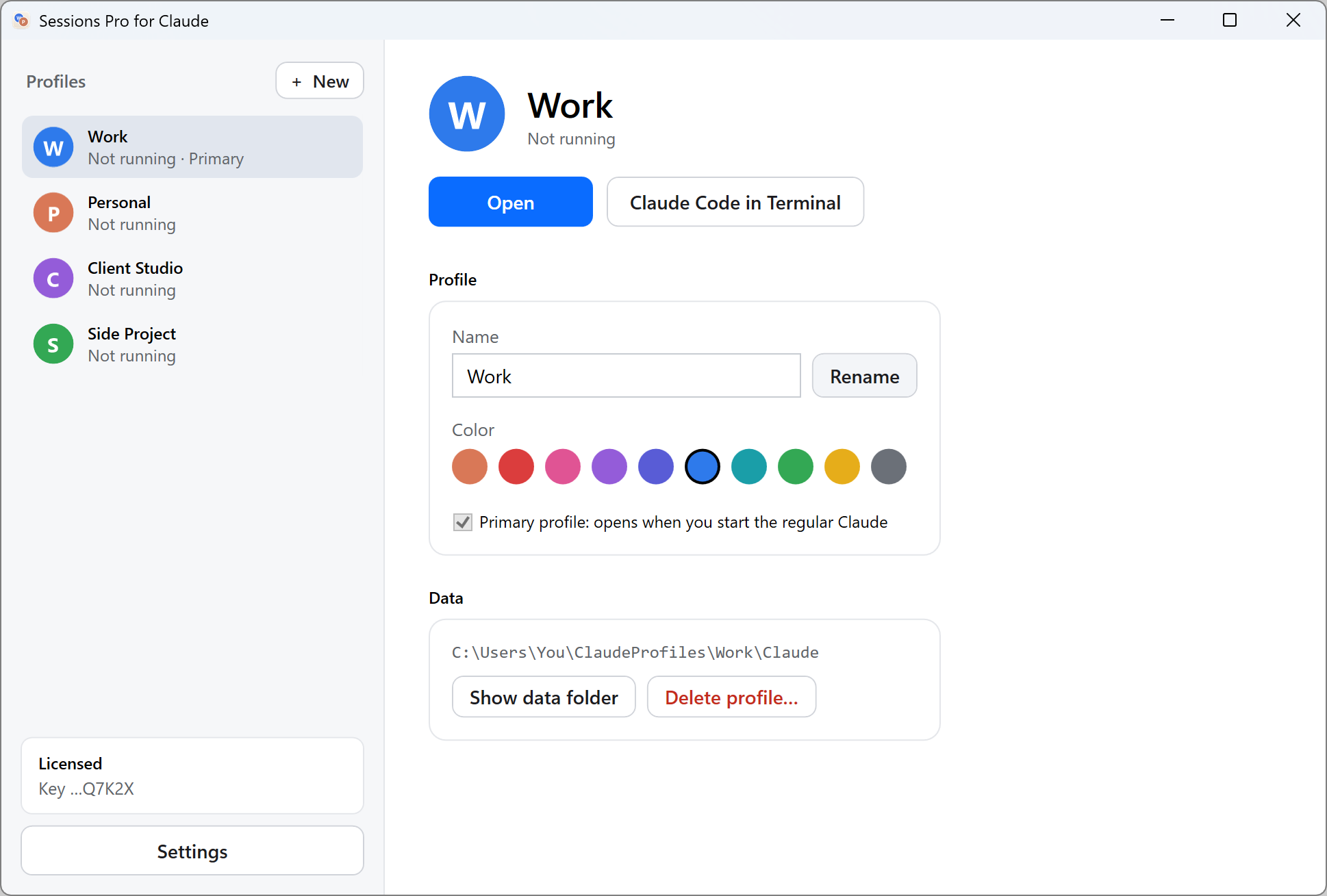 Claude Sessions Pro on Windows: Work, Personal, Client Studio and Side Project profiles